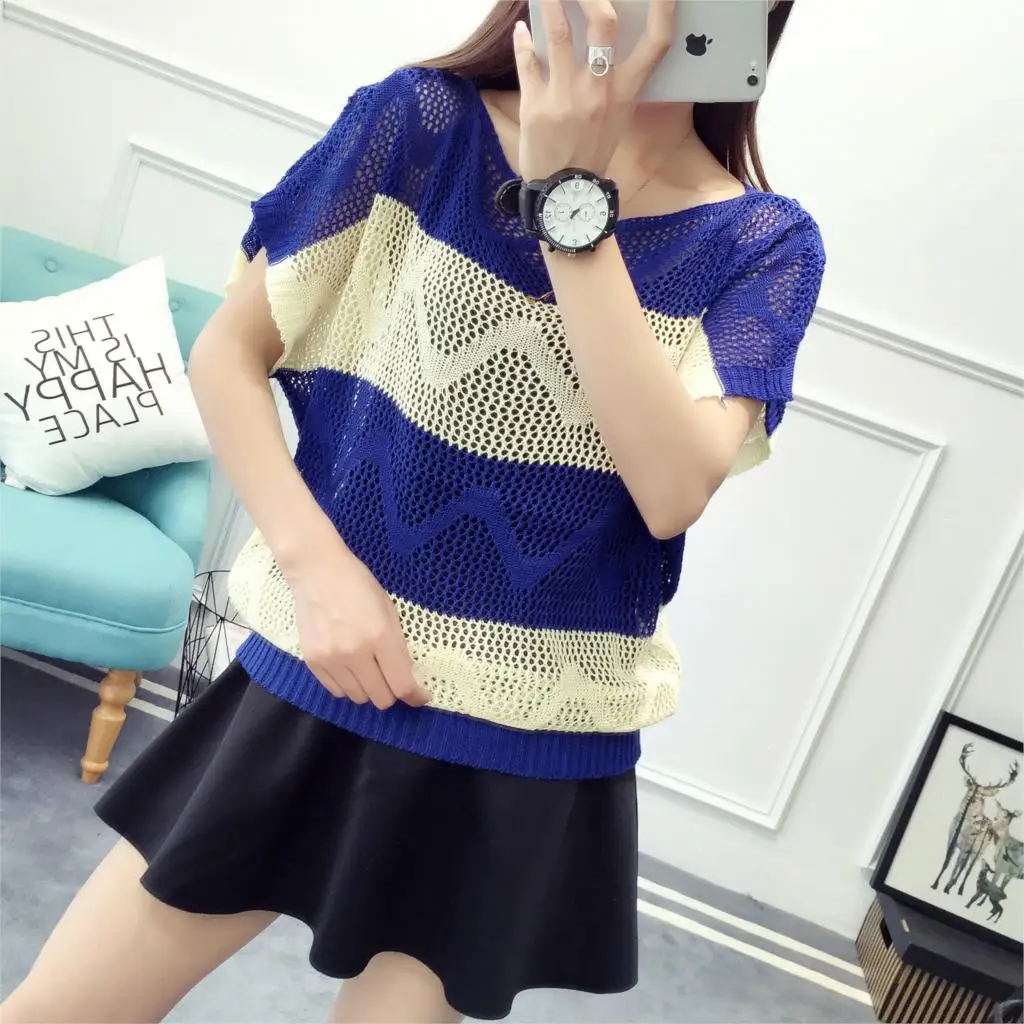 Женский свитер пуловер круглый вырез короткий рукав в полоску Повседневный