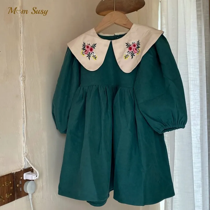 

Baby Girl Cotton Corduroy Dress Embroidery Collar Infant Toddler Child Vintage Dress Long Sleeve Vestido Baby Clothes 2-6Y