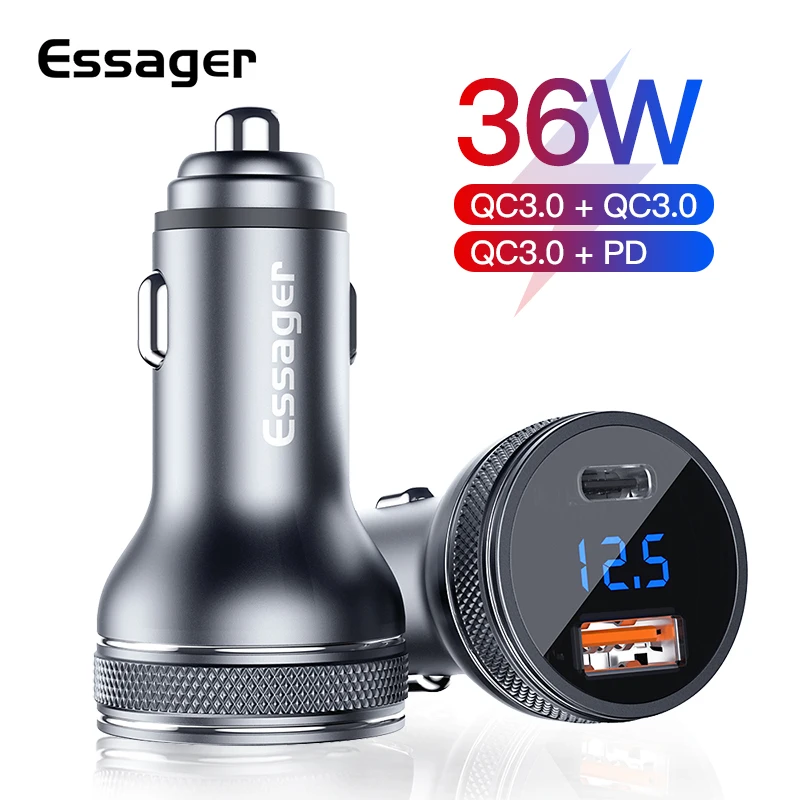 Essager 36W USB Car Charger Quick Charge 3.0 PD QC 3.0 Type C Charging Adapter in Car LED Display Car Charger For iPhone Xiaomi