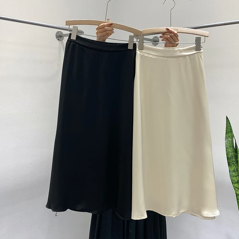 

TIGENA Elegant Satin Long Skirt Women Fashion 2021 Summer Korean Casual Solid Aesthetic A Line High Waist Midi Skirt Female Lady