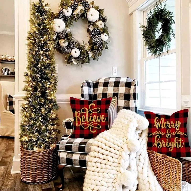 

Hot XD-Buffalo Plaid Christmas Pillow Covers,Throw Pillows Farmhouse Christmas Decor for Home, Xmas Decorations Cushion Cases