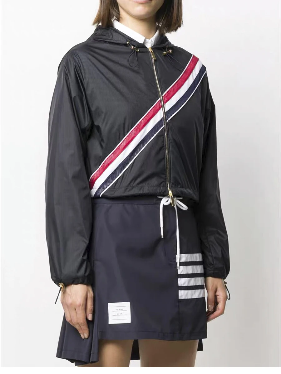 

TB THOM Brand Coat Sun Protective Thin Solid Striped Casual Hooded Zipper Women Running Outerwear Windproof