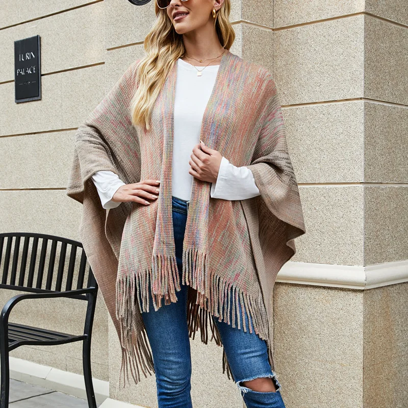 

Fashion Women's Shawl Cloak Sweater New Autumn Casual Hot Sale V-neck Cardigan Striped Loose Tassel Knitted Sweater
