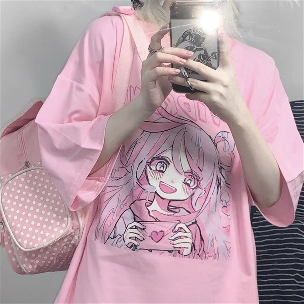 

Women Amine T-Shirt Girl 100% Cotton Japan Cartoon Pink Top Summer Cute Tee Causal Harajuku Oversized Punk Kawaii T Shirts Males
