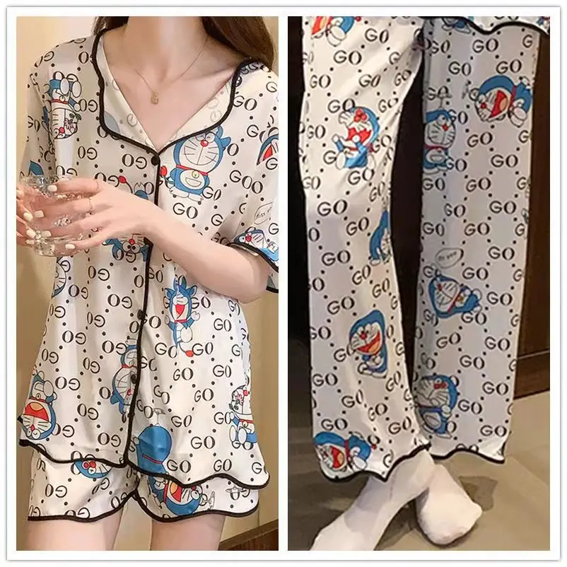 Summer Ice Silk Pijama Women Girls Thin Sleepwear Anime Cartoon Homesuits with Shorts Pants Kawaii Sleep Dress Cozy Ins Mujer