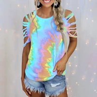 fashion tie dye print strapless short sleeved t shirt casual t shirts round neck hollow out sleeve womens tee top outfit