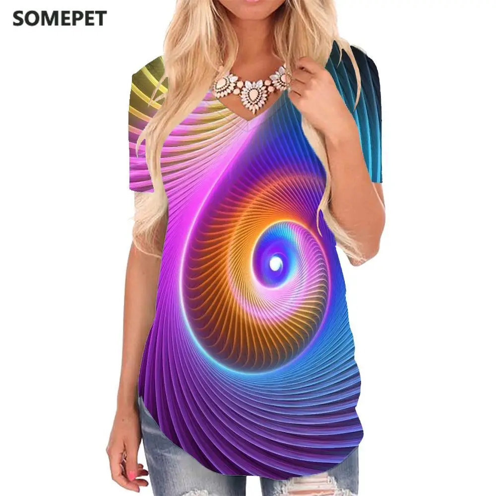 

SOMEPET Colorful T Shirt Women Dizziness V-neck Tshirt Abstract T-shirts 3d Psychedelic Shirt Print Womens Clothing Punk Rock