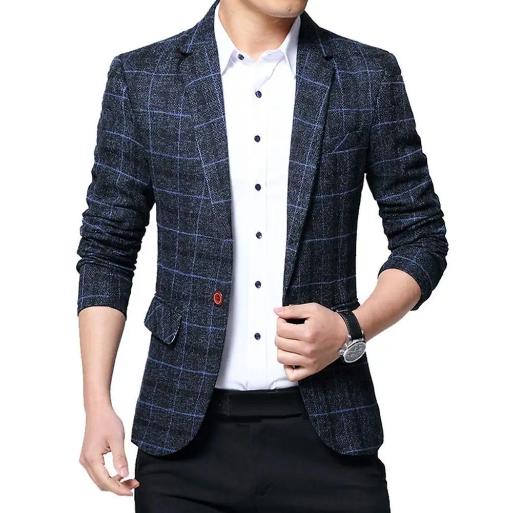 

2021 Fashion Men Plaid Lapel Sliming Office Blazer Jacket Coat One Button Business Suit