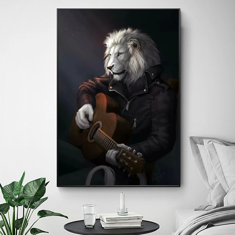 

Animal Art Painting Print On Canvas Wall Canvas Art Lion Gentleman Playing Guitar Picture for Living Room Quadros Home Decor