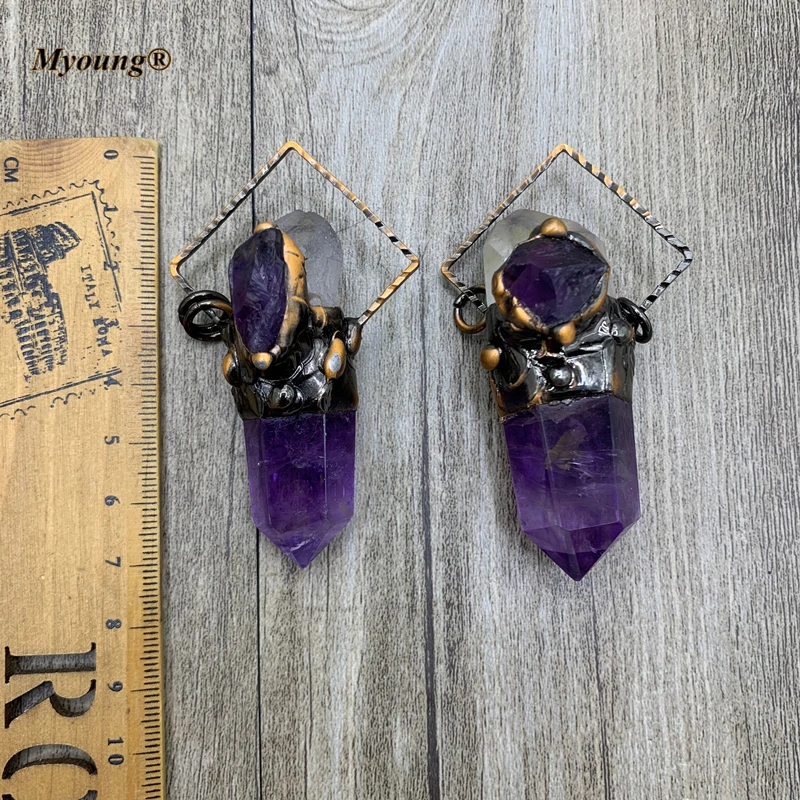 

Soldered Antique Bronze Natural Amethysts Cutting Point Crystal Pillar Necklace Pendant,Boho Birthstone Healing Pendant MY210732