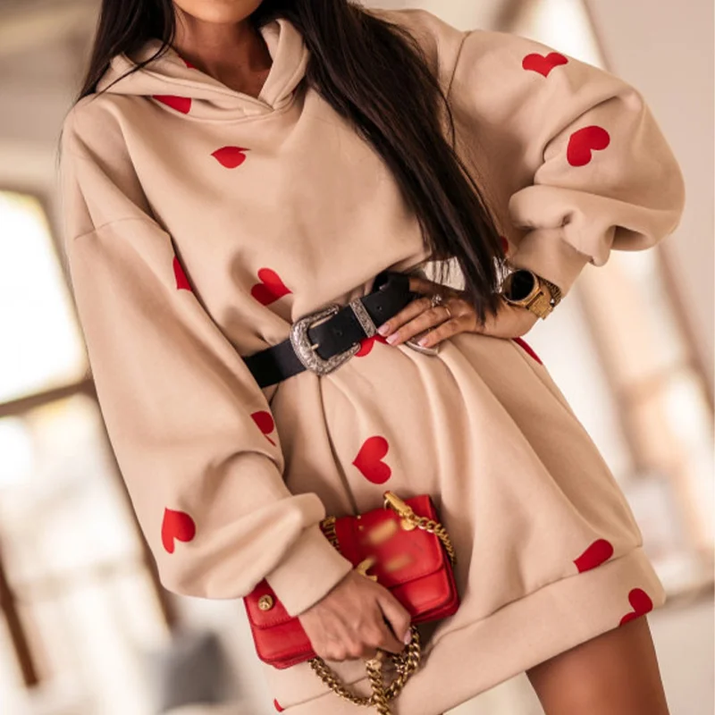 

Lady Hooded Sweatshirt Printed Heart Long Sleeve Women's Hoodie Loose Fashion Female Hoodies 2021 New Spring Streetwear Korean