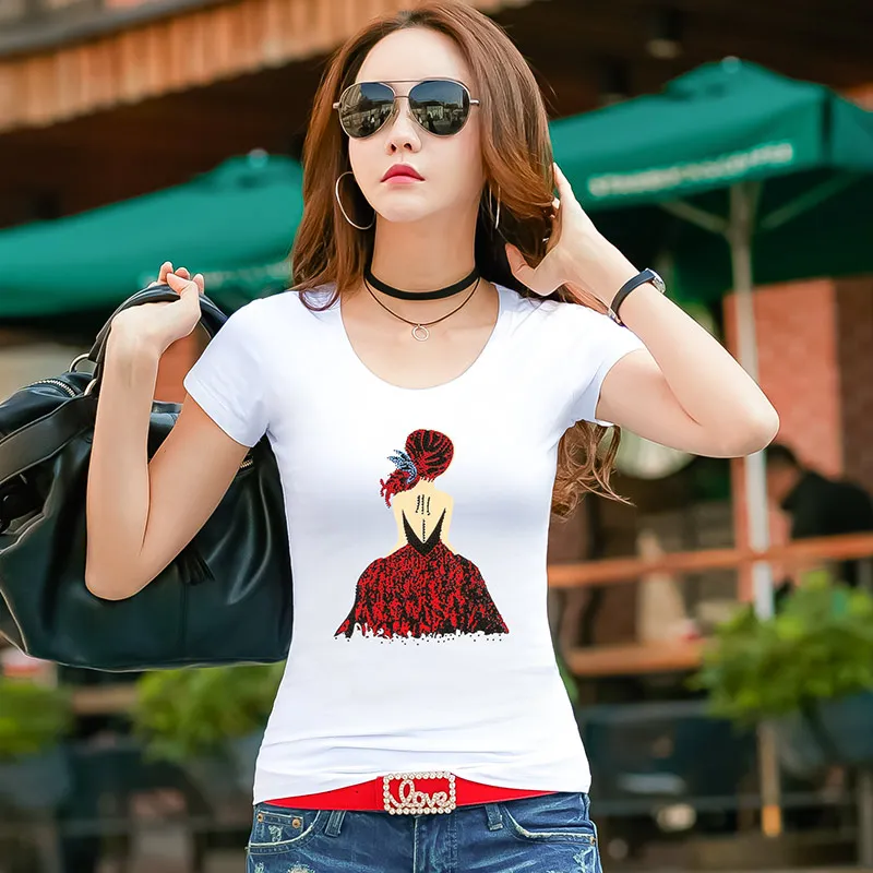 

Женская футболка 2019 летняя модная футболка с рисунком бриллиантов, с коротким рукавом, тонкая женская белая Повседневная футболка, одежда, ...