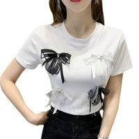 sweet o neck 2021 short sleeved tees three dimensional flower butterfly bow young girl cute solid 2021 new summer t shirts 621f