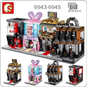 6042-6045 Sembo Mini City Street, кофейная пицца, хижина, магазин, ресторан, Китай, городской набор, 3D модель, блоки, строительные игрушки для детей, без коробки - Цвет: 6042-6045