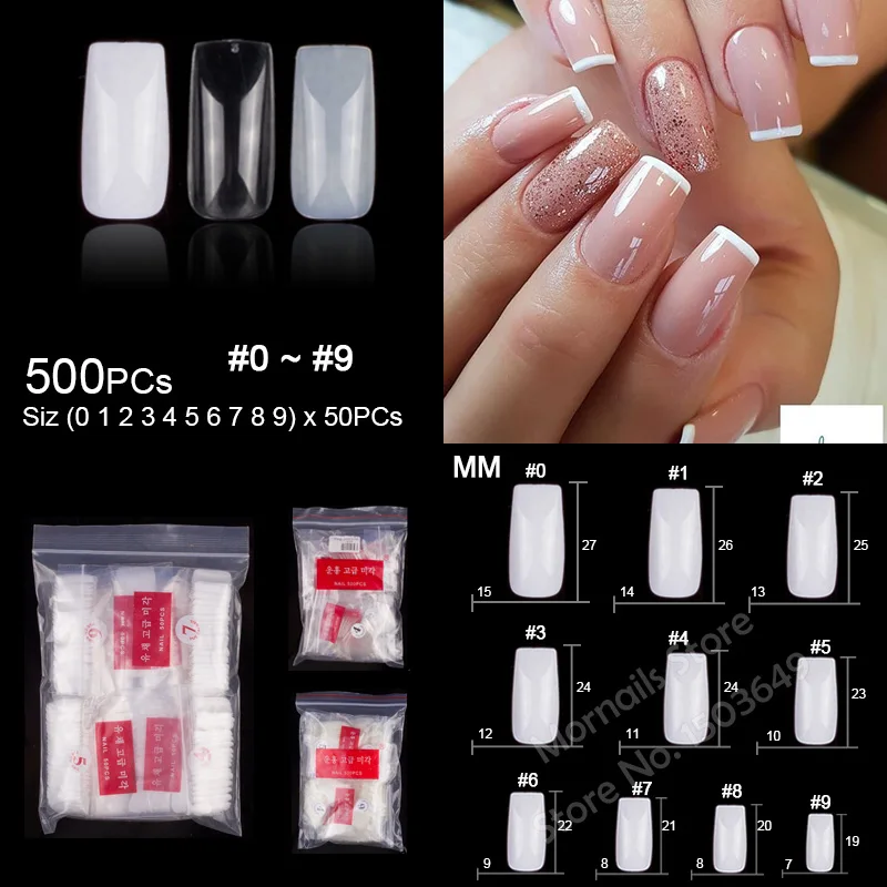 

TKGOES 500PCS/Pack Beauty Clear Full Cover False Nail Tips Acrylic Artificial False Nails Full French Nail Art Tips NEW CLEAR