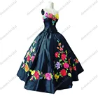 Сексуальное черное красочное цветочное вышитый мяч платье милое мексиканское платье Quinceanera Charro XV сладкое 15 16 женское платье для выпускного вечера