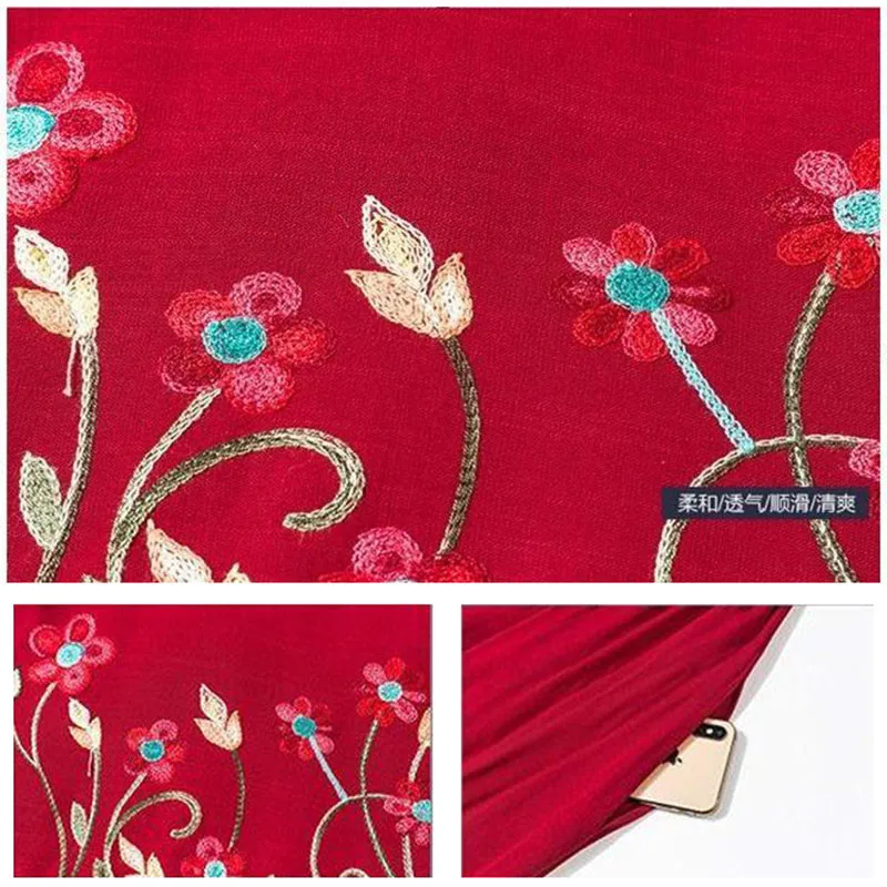 

Women Floral Embroidery long Pleated skirt Summer ladies Cotton Linen Maxi skirts spring pockets Elastic high waist A-Line skirt