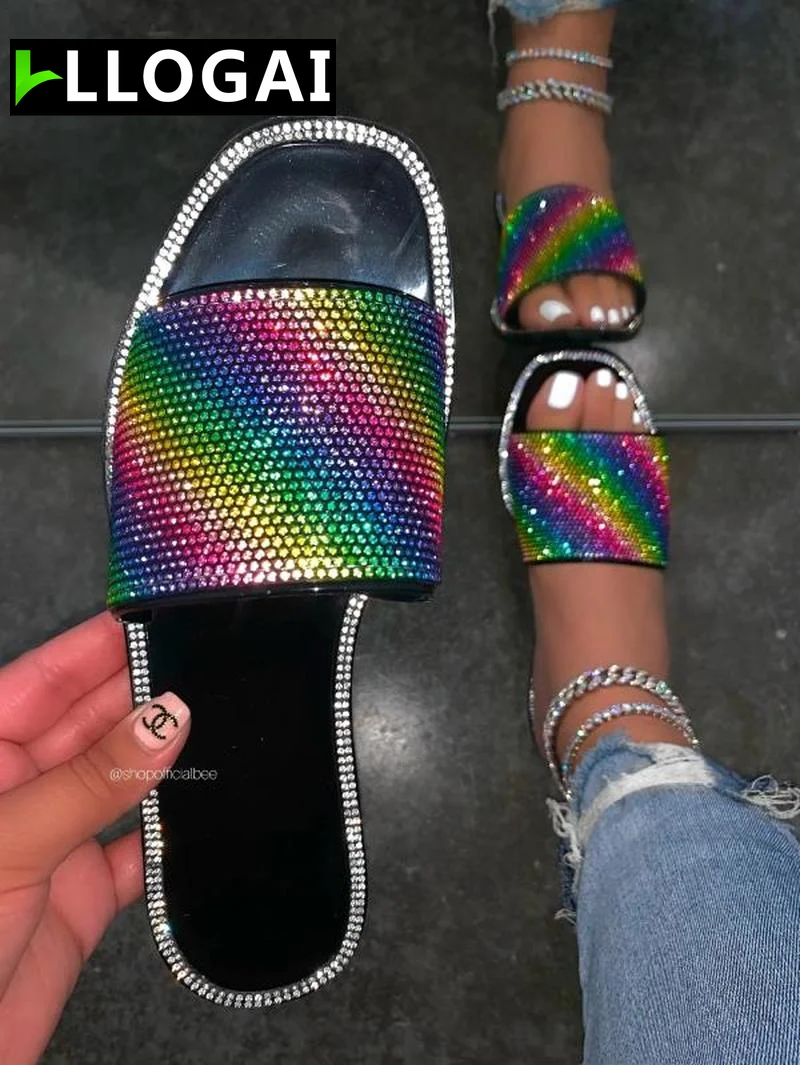 

Crystal Rainbow Glitter Slippers Women Summer Sandals Bling Female Candy Color Flip Flops Beach Flat Heel Outdoor Sandals 2021