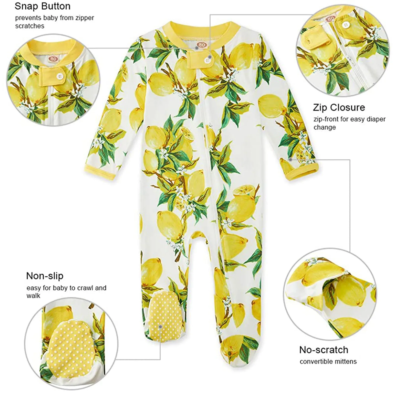 Baby Romper Infant Boys Girls Lemon Print Pajama Sleeper Zipper Footed Jumpsuit Bebek Giyim ropa de niña | Детская одежда и обувь