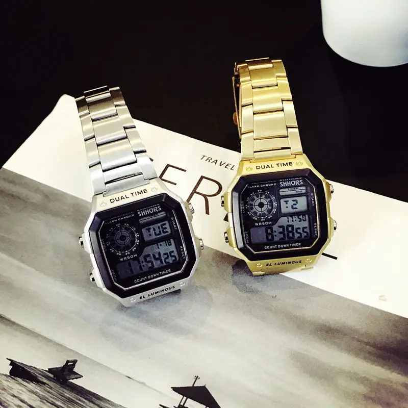 Цифровые часы мужские спортивные квадратные наручные полностью из нержавеющей