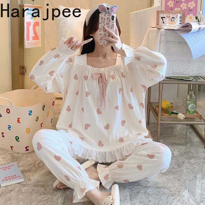 

Harajpee Lovely Pajama Autumn and Winter Pajamas Women's Cotton Long Sleeves Home Clothes Two-piece Suit Net Red Pop Peach Heart
