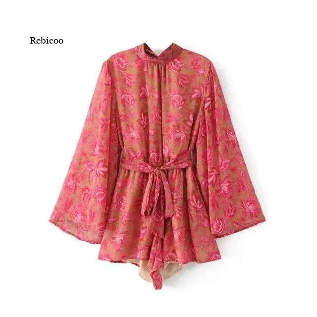 

New Summer Fashion Wild Stand Collar Large Floral Bow Tie Belt Jumpsuit Horn Sleeve Printed Halter Female Short Jumpsuit