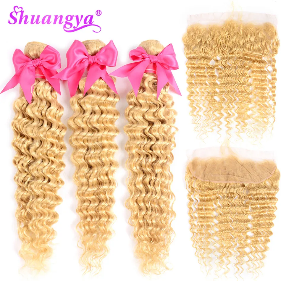 Бразильские волнистые пучки с фронтальным медом светлые 613 пучками Remy пучками|3/4