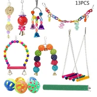 13pcs parrot swing wooden perch foot grinding stick chewing rattan ball hanging bell bird cage toys