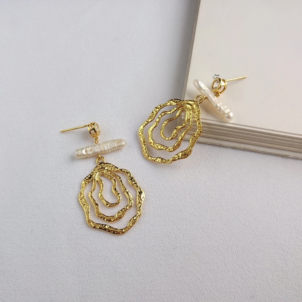 Exaggerated Irregular Circle Design Geometric Earrings Gold 925 Sterling Silver Nature Freshwater Baroque Pearl Drop | Украшения и