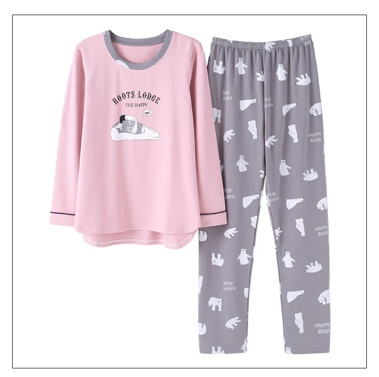 Пижамные комплекты для женщин с круглым вырезом Pijama Mujer пижама с длинным рукавом весенняя Хлопковая пижама Femme Повседневные наборы пижам комплект из двух предметов