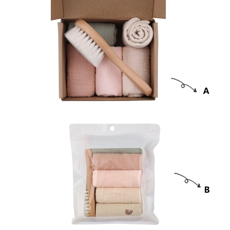 

6pcs Baby Saliva Towel Newborn Bath Toy Set Gifts Box Cotton Burp Cloth Wooden Hair Brush Infant Comb Head Massager