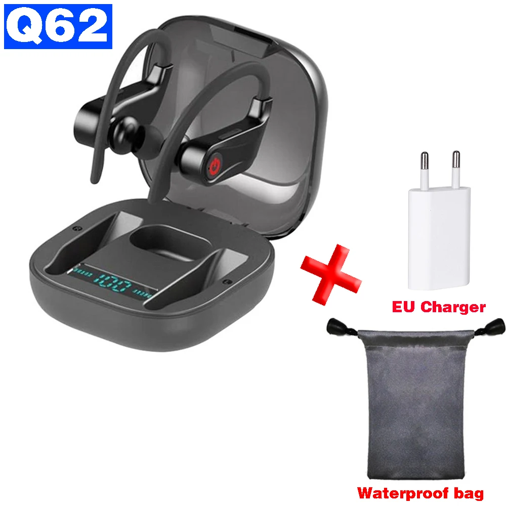 HBQ Q62 TWS Bluetooth наушники V5.0 настоящие Беспроводные наушники с Ушными крючками, стерео спортивные наушники с 950 мА · ч, чехол для зарядки - Цвет: Black Charger bag