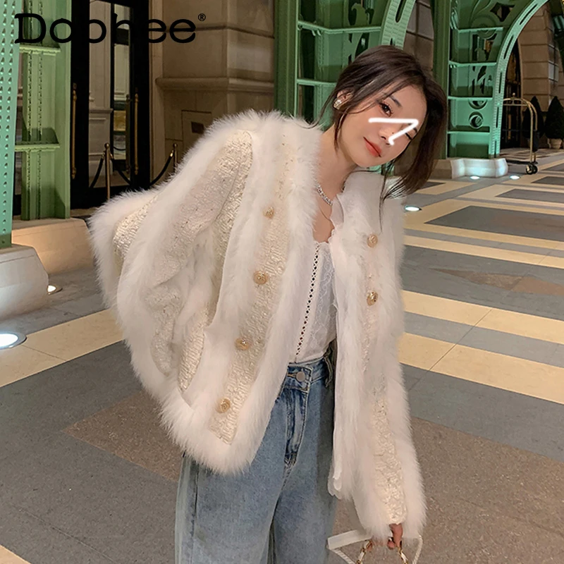 

Double-Breasted Faus Fox Fur Coat Women Winter Tweed Stitching Cotton-Padded Jacket Female Loose Casual Cardigan Furry Jacket