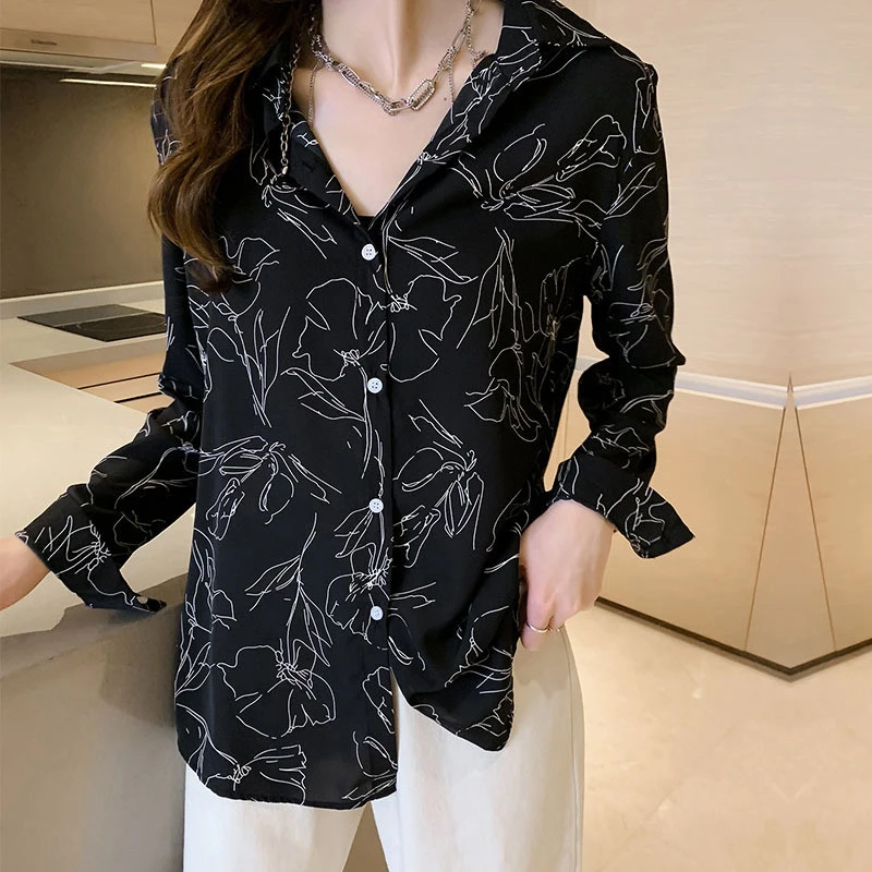Модная женская рубашка винтажная с принтом длинный рукав отворотом повседневная