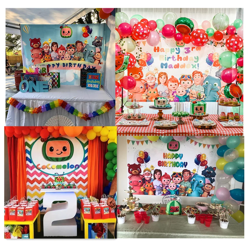 LEVOO Custom Background Cocomelon Family Bunting Balloons Children's Birthday Backdrop Party Decor Photography Studio Photophone