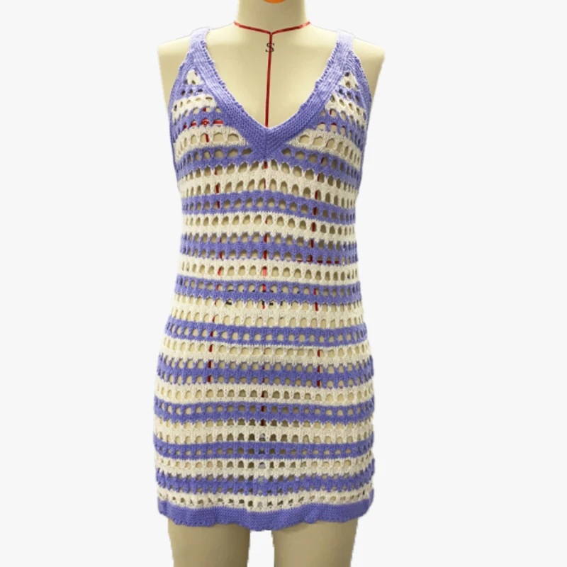 

Allukasa V-neck Striped Sexy Open Back Tight Knit Long Dress Party Sleeveless Summer Open Back Mini Dress Ladies Fashion