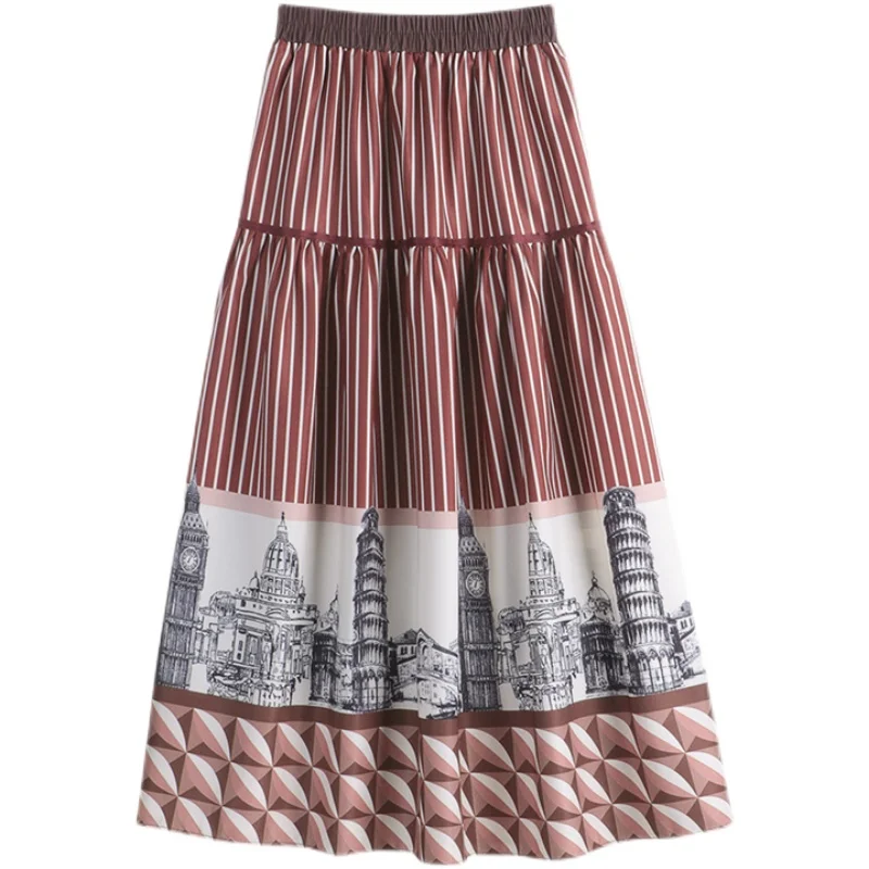 

SHENGPALAE 2021 Spring Autumn New Women's Elastic Waist Casual Pathwork Panelled Print Mid-calf Loose Pleated A-line Skirt