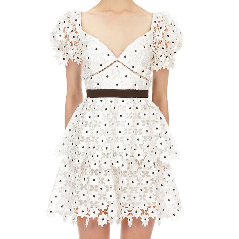 

Женское мини-платье с цветочной вышивкой, Кружевное белое платье с V-образным вырезом и открытой спиной, лето 2020