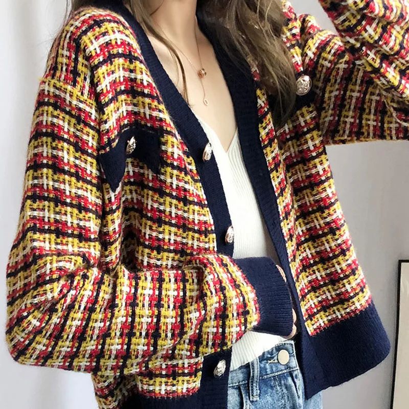 

Vintage Plaid Striped Hit Color Knit Cardigans Korean V Neck Single Breasted Long Sleeve Sweater Autumn New Outwear Knit Top