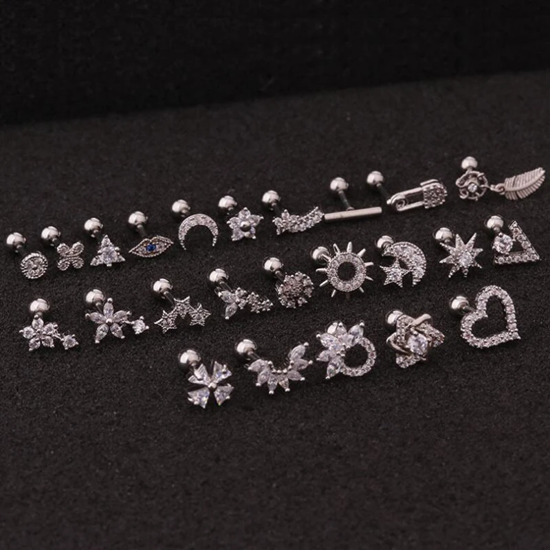 New Creative Flower Earrings Stainless Steel Screw Female Zircon Ear Bone Nails Foreign Trade Hot Puncture | Украшения и