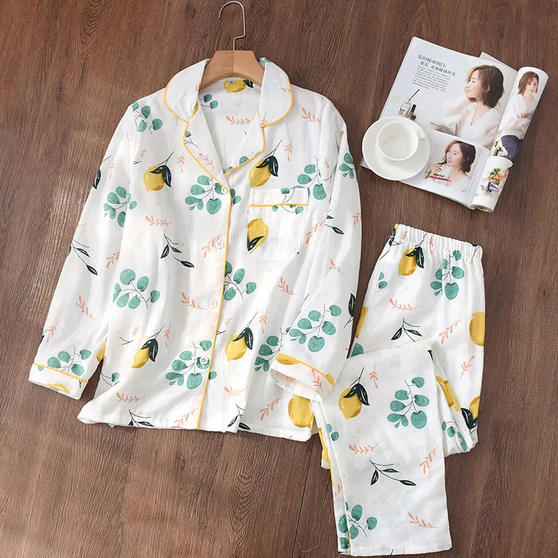 

Womens White Cotton 2PCS Print Pajamas Suit Spring Autumn With Pocket Nightwear Long Sleeve Shirt&Pant Home Wear Loose Sleepwear