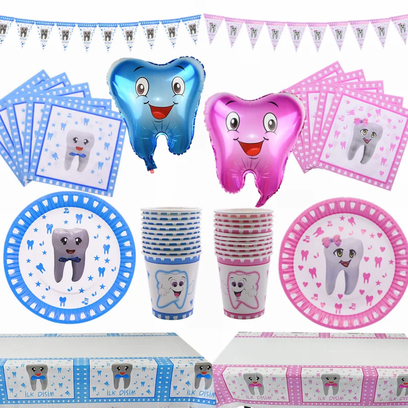 

My First Tooth Disposable Tableware Pink Blue Cartoon Tooth Printed Tableware for Kids Birthday Decorations Baby Shower Supplies