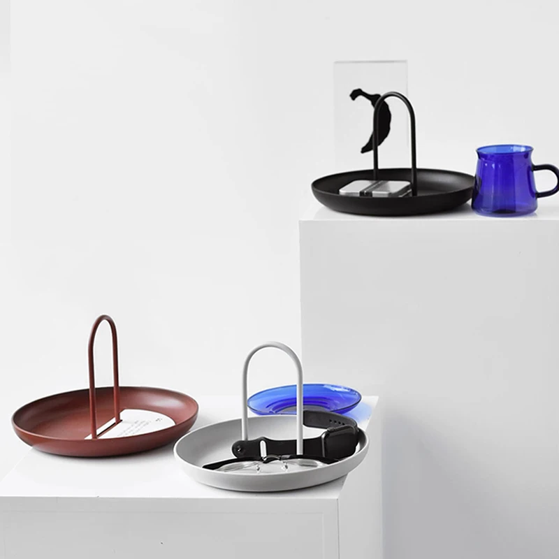 

Desktop Storage Tray Nordic Plastic Round Jewelry Trays Living Room Kitchen Table Meal Snack Tray Plate with Handle Home Decor