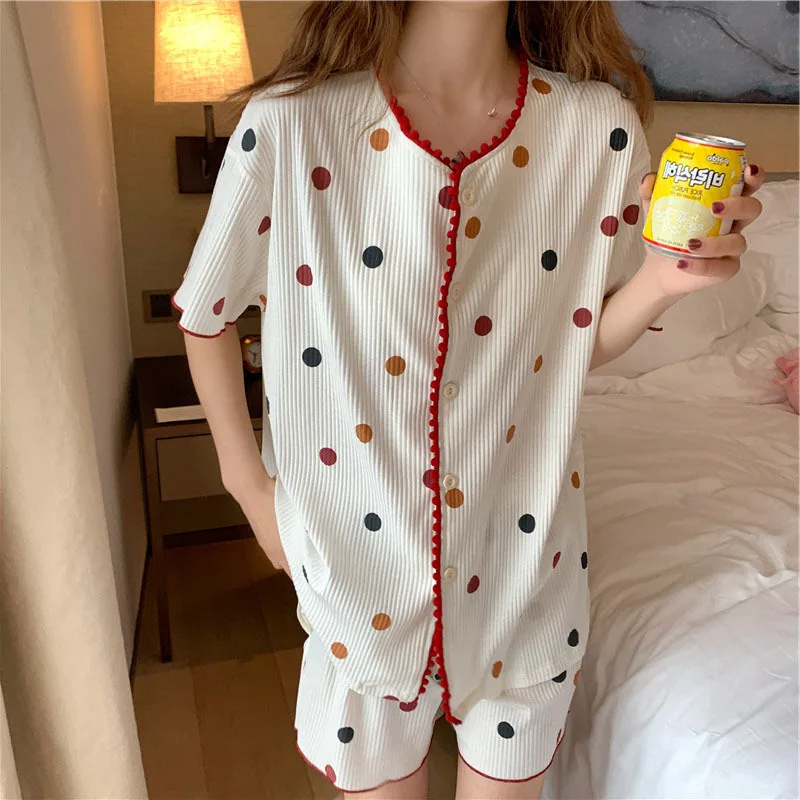 2021 Summer New Korean Wave Point Lace Cardigan Nightgown Home Wear Casual Loose Comfortable Women's Pajamas Suit Lady Sleepwear