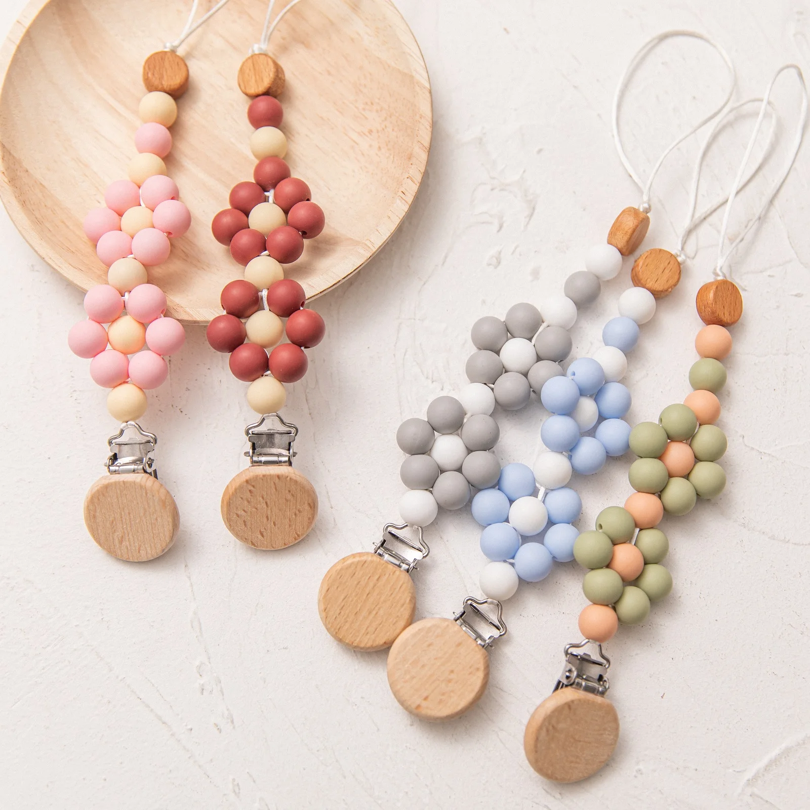 

1Pc Handmade Silicone Baby Wooden Pacifier Chain Clips Solid Color BPA Free Teether Pacifier Chains Holder Chain For Baby Toys