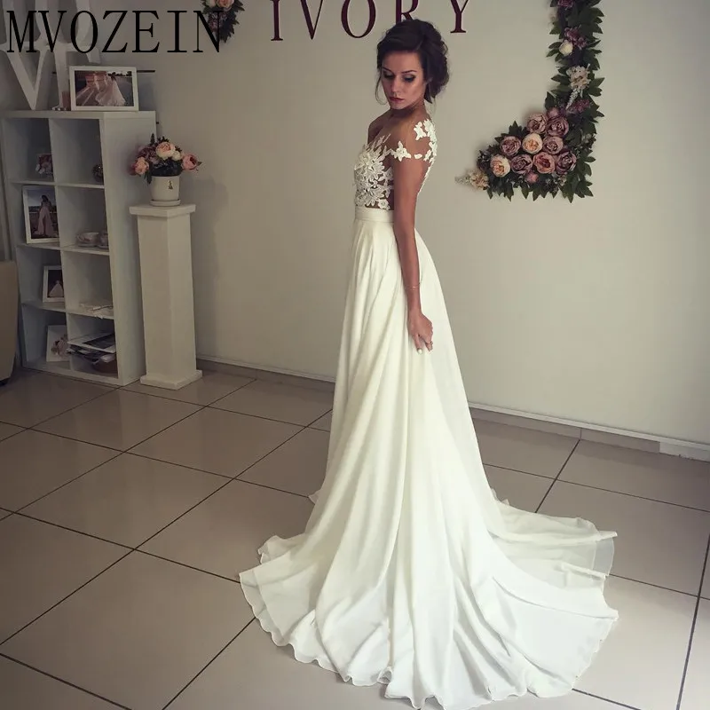 Boho White Wedding Dresses Chiffon A-Line Cap Sleeves Lace Bridal Gowns High Split Dress vestido de noiva | Свадьбы и торжества