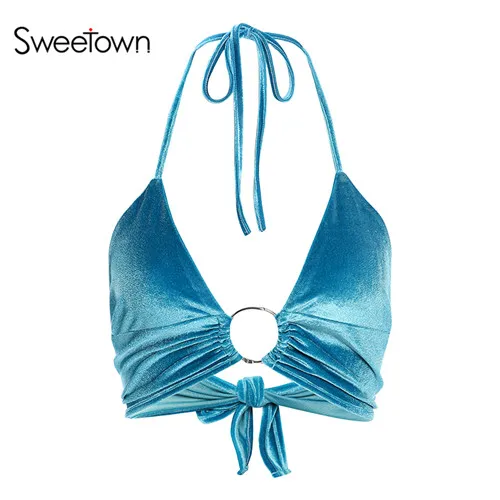 blue Sweetown синее бархатное бикини вечерние кроп-Топ для женщин рейв камзол уличная открытая спина сексуальные летние топы на бретелях Праздничная пляжная одежда - Цвет: blue