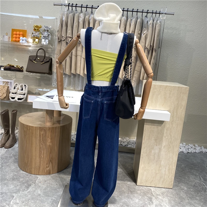 

Brand Original Design 2021 Preppy, Loose, High-waisted Dark Blue Jean Overalls With Large Pockets To Show Slim Wide-legged Pants