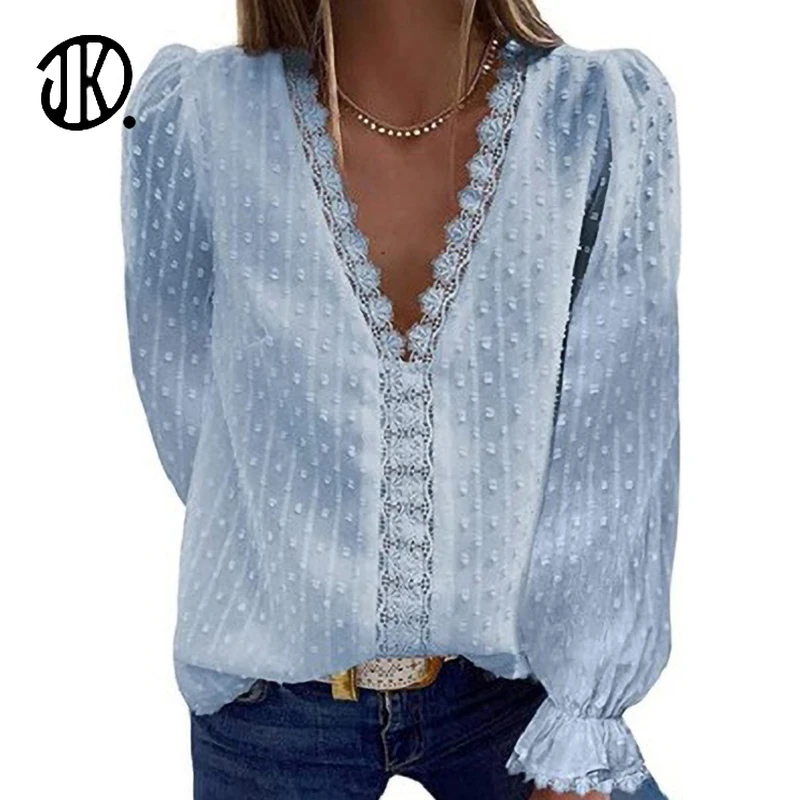 

Ladies V-neck Chiffon Shirt Spring / Autumn Long Sleeve Loose Embroidered Jacquard Blouse Large Size S-2XL Tops Office Clothing