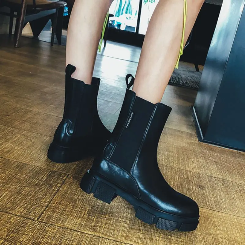 

Rizabina Real Leather Women Ankle Boots Thick Heel Slip On Shoes Round Toe Warm Boots Women Fashion Party Footwear Size 34-39